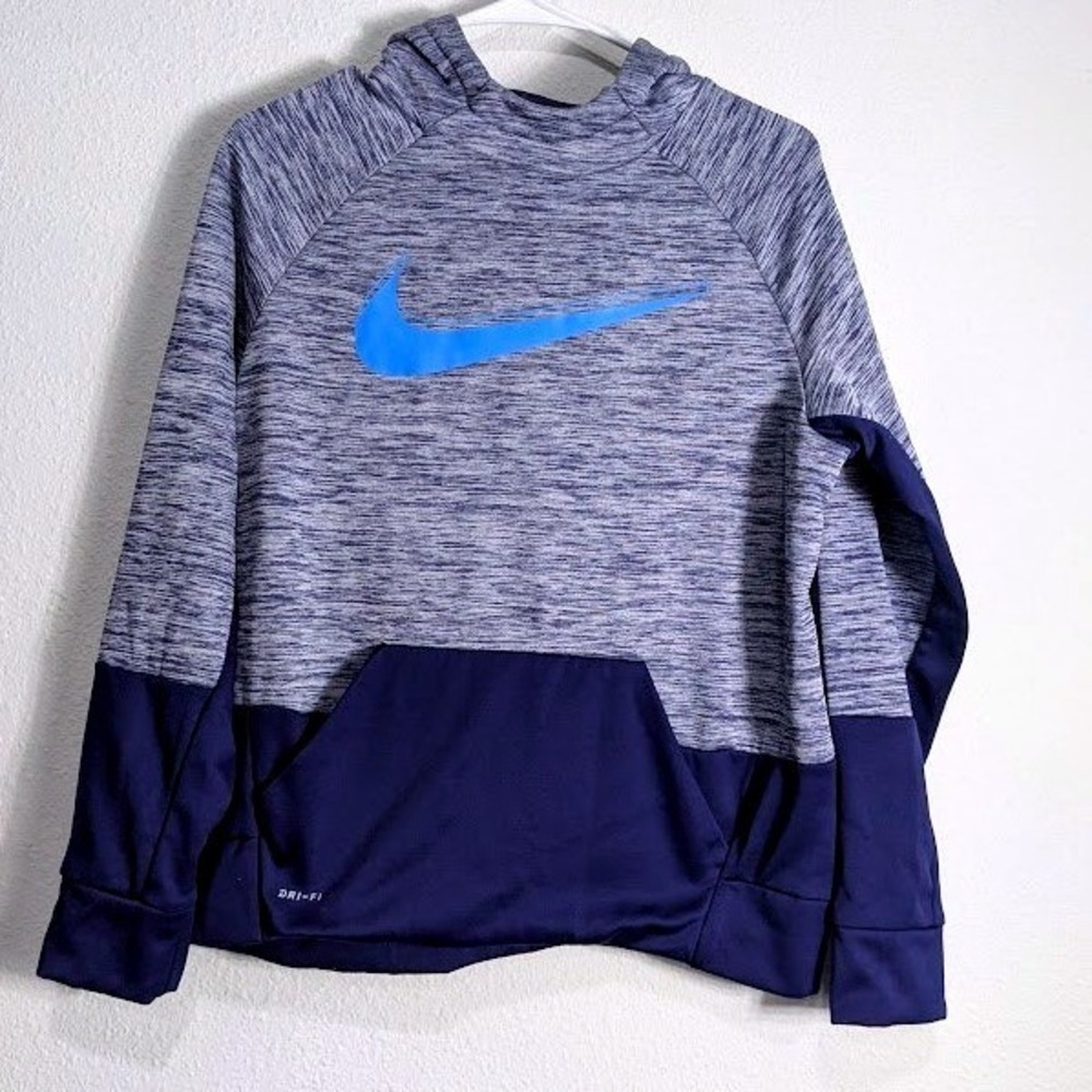 Nike Boys Dri-FIT Hoodie Navy Blue Heather Grey‎ Swoosh Sweatshirt Size XL